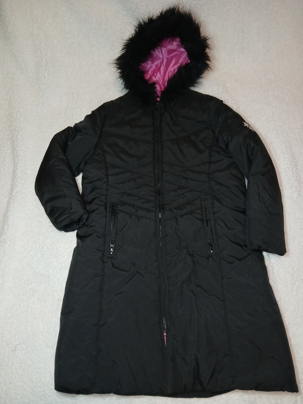 lei Black Long Puffer Coat with Pink Lining and Faux Fur Hood